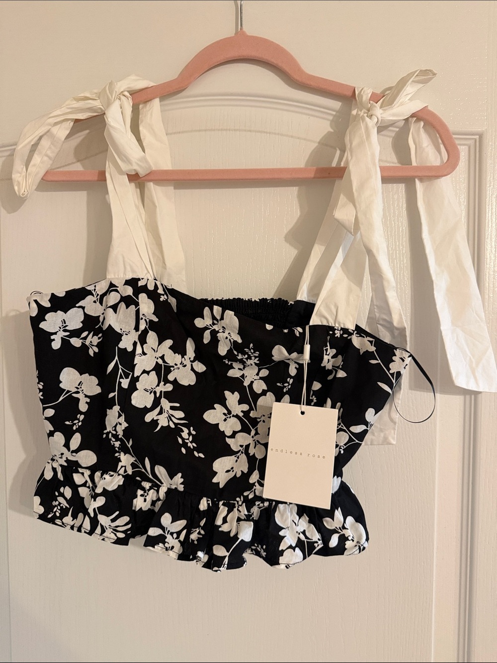 Endless Rose Black and White Floral Tie-Shoulder Crop Top